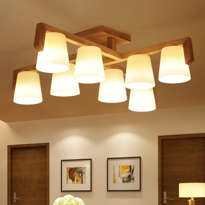 Living Room Chandelier Nordic Wood Ceiling Light with Conic Frosted White Glass Shade