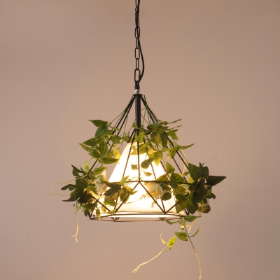 Loft Style Cage Pendant Light 1-Light Metal Suspension Lighting with Imitation Plant