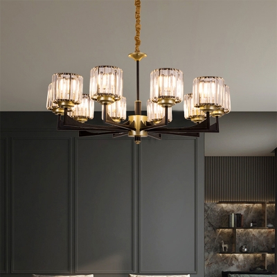 Minimalist Cylindrical Chandelier Prismatic Crystal Bedroom Suspension Pendant in Gold and Black
