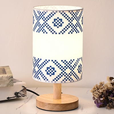 Printed Fabric Cylindrical Night Stand Lamp Modern 1 Head White Table Light for Bedroom