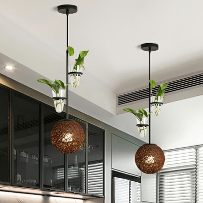Rattan Ball Pendant Lamp Macaron 1-Light Suspension Light with Conical Plant Pot