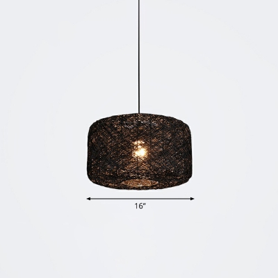 Rattan Drum Shaped Drop Pendant Contemporary 1 Head Pendulum Light for Restaurant