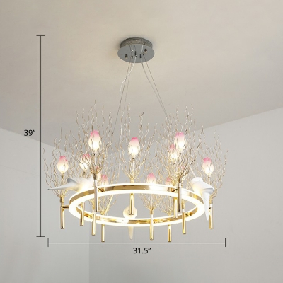 Rose Bouquet Glass Chandelier Minimalistic 13-Light Hanging Lamp with Gold Ring and Bird Deco