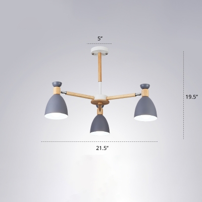 Rotatable Cup Shaped Suspension Lighting Macaron Metal Bedroom Chandelier with Wooden Arm
