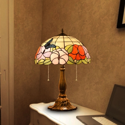 2 Lights Table Lamp Tiffany Dome Stained Art Glass Night Light with Pull Chain in Bronze