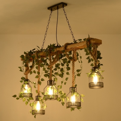 5-Light Island Pendant Lamp Country Bottle Cage Metal Suspension Light in Brown with Vine Deco