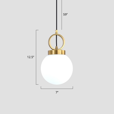 Ball Cream Glass Pendant Lamp Minimalist 1-Light Gold Hanging Ceiling Light with Ring Deco