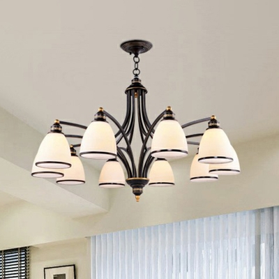 Bell Shade Chandelier Country Style Gold-Black Ivory Glass Hanging Light for Bedroom
