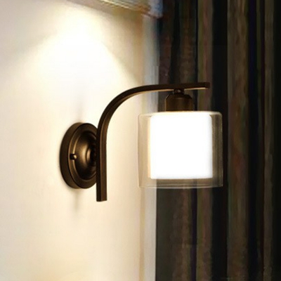 Black 1-Light Wall Sconce Retro Clear and Frosted Glass Cylindrical Wall Mount Light for Bedroom