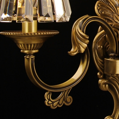 Bronze Curved Arm Wall Light Antique Style Metal 2-Light Foyer Sconce with Tapered Crystal Shade