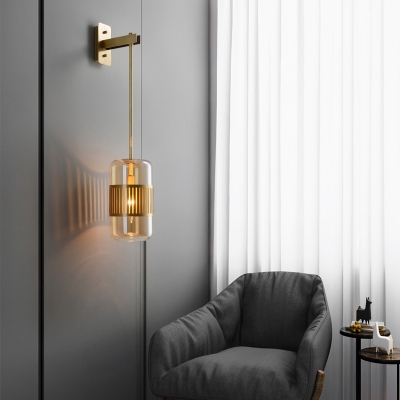 Cylinder Glass Wall Mounted Lamp Postmodern Single-Bulb Brass Finish Wall Lighting with Right Angled Arm