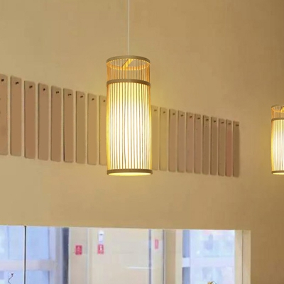 Cylindrical Down Lighting Pendant Simple Style Bamboo 1-Light Wood Hanging Light Fixture
