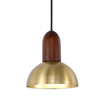 Gold Bowl Pendulum Light Nordic 1 Head Metal Ceiling Pendant Lamp with Brown Wood Top