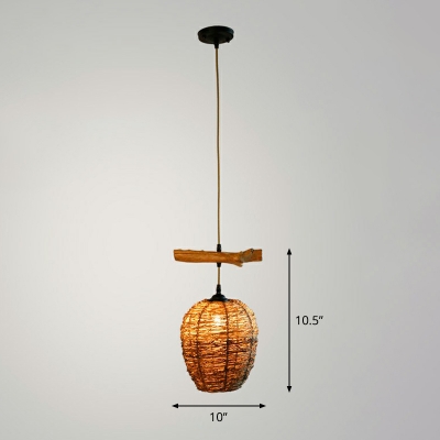 Hand-Braided Rattan Hanging Lamp Rustic Single-Bulb Wood Suspension Pendant Light