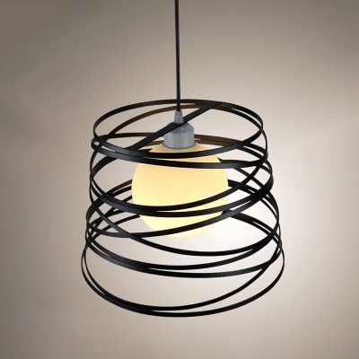 Iron Wire Tapered Pendant Light Industrial 1-Light Bedroom Hanging Light in Black with Dome Milk Glass Shade Inside