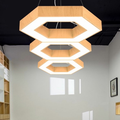 Metal Hexagonal Chandelier Light Modern Wood Grain LED Pendant Lighting for Conference Room