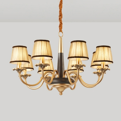 Pleated Fabric Suspension Lamp Country Style Gold-Black Tapered Living Room Chandelier