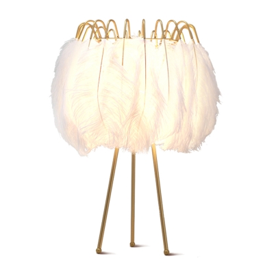Postmodern Tripod Table Lamp Feather 1 Head Girls Room Night Light in Gold-White