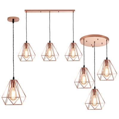 Rose Gold Diamond Cage Hanging Lamp Loft Metal 3 Heads Dining Room Suspension Light