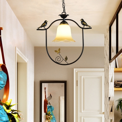 Study Room Bell Suspension Light Frosted Glass 1 Light Rustic Ceiling Light with Bird & Butterfly