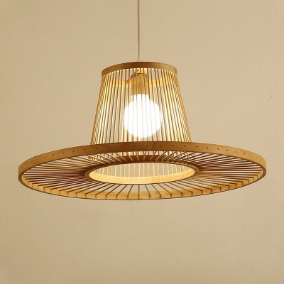 Top Hat Shaped Hanging Light Contemporary Bamboo Single Beige Suspension Pendant
