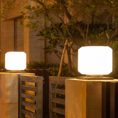 White Cubic Solar Post Light Fixture, Modern Outdoor Solar Post Lights