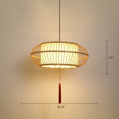 Beige Round Lantern Pendant Chinese Style 1 Bulb Bamboo Hanging Light with Tassel Decor