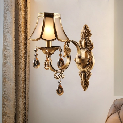 Brass Flared Wall Mount Lamp Traditional Frosted Glass Single Bedroom Wall Light with Crystal Decor