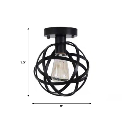 Cage Shade Foyer Ceiling Lamp Industrial Iron 1 Bulb Black Semi Flush Mount Lighting