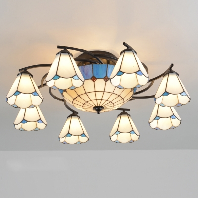 Floral Semi Flush Mount Chandelier Handcrafted Stained Glass Tiffany Ceiling Lamp for Living Room