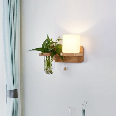 Geometric Shaped Bedside Wall Light Milk Glass 1-Bulb Nordic Pull Chain Sconce with Wood Shelf and Glass Pot