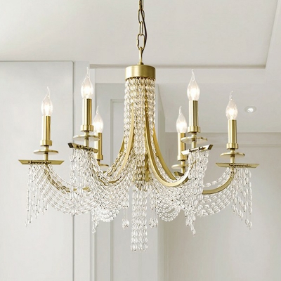 Gold Arched Hanging Lamp Traditional Metal 6 Lights Dining Room Chandelier with K9 Crystal Strand