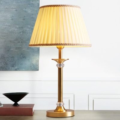 Gold Finish 1-Head Night Lamp Minimalist Pleated Fabric Tapered Table Light with Braided Trim