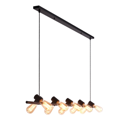 Linear Restaurant Pendant Light Industrial Metal 10 Heads Black Suspension Lamp with Open Bulb Design