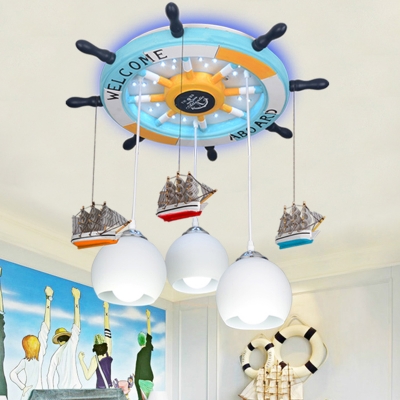 Metal Rudder Ceiling Lighting Kids 3-Light Semi Flush Light with Ship Deco and Dome Milk Glass Shade