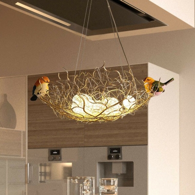 Nest Dining Room Chandelier Aluminum 8 Heads Art Deco Pendant Light with Egg Milk Glass Shade