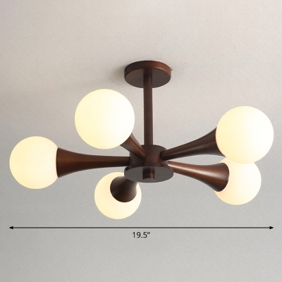 Radial Wooden Ceiling Light Fixture Minimalist Chandelier Lamp with Ball Opal Glass Shade