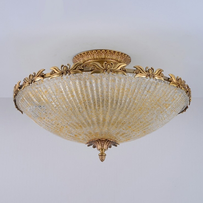 Ribbed Glass Yellow-Clear Ceiling Light Bowl Shaped Antique Style Semi Flush Mount Light for Bedroom