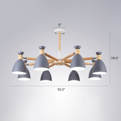 Rotatable Cup Shaped Suspension Lighting Macaron Metal Bedroom Chandelier with Wooden Arm