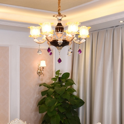 Traditional Flower Blossom Chandelier Amber Glass Hanging Ceiling Light with Decorative Crystals