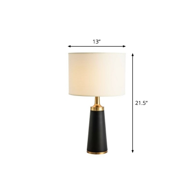 White Drum Nightstand Light Minimalist 1 Bulb Fabric Table Lamp with Black Conical Base