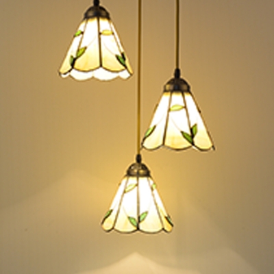 3-Light Conical Hanging Lamp Tiffany Beige Hand-Cut Glass Multi Pendant with Scalloped Edge
