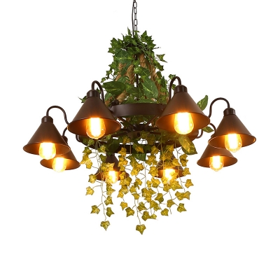 8-Head Iron Hanging Lamp Industrial Black Conical Living Room Chandelier Light with Green Ivy Deco