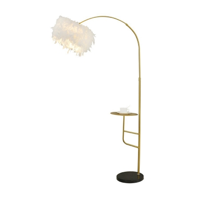 Adjustable Postmodern Gooseneck Floor Light Metal 1 Head Bedroom Stand Up Lamp with Tray and Round Feather Shade