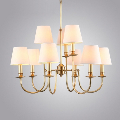 Brass Swoop Arm Chandelier Minimalist 9-Head Metal Hanging Light with Tapered Fabric Shade