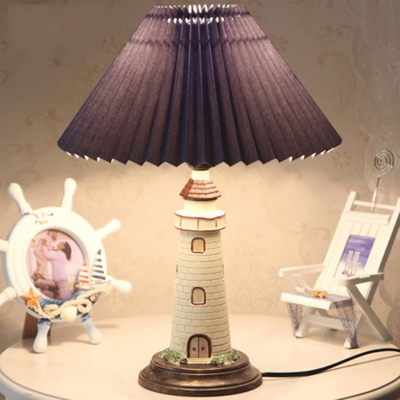 Cartoon Lighthouse Table Lamp Resin 1 Head Childrens Bedroom Night Light with Pleated Lampshade