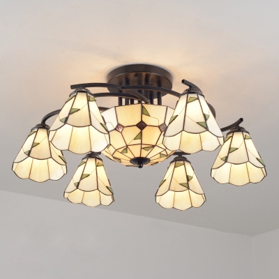 Floral Semi Flush Mount Chandelier Handcrafted Stained Glass Tiffany Ceiling Lamp for Living Room