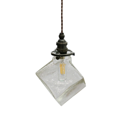 Hand-Blown Seedy Glass Clear Pendant Light Cubic 1 Bulb Minimalist Suspension Lighting