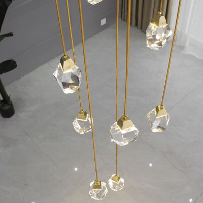 K9 Crystal Gemstone Multi Pendant Chandelier Postmodern Golden Suspension Light for Hall