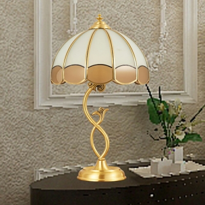 Opal Frosted Glass Scalloped Shade Night Lamp Retro 1-Bulb Bedroom Table Light in Bronze